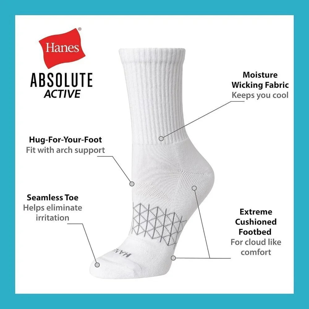 Women's White 4-pairs Cushioned Absolute Active Seamless Toe Crew Socks